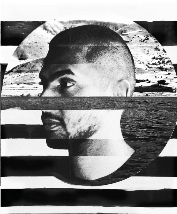 head,landscape,spinning,collage,pattern,circle,stripes,black and white
