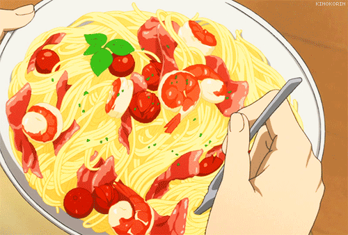 anime food,cherry,shrimp,noodles