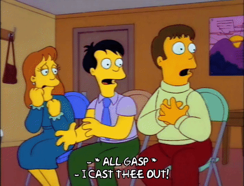 reverend lovejoy,gasp,homer simpson,season 4,episode 16,oh no,outcast,get out,4x16