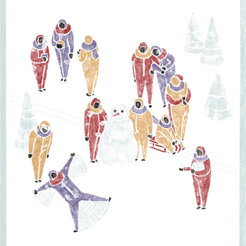 tumblr,snow,snowman,thoka maer,sledding,post it forward,snowangel,never alone,illustration