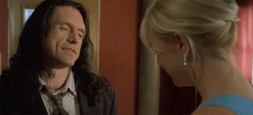 tommy wiseau,staring at lisa,love,pizza,canada,lisa,johnny,bacon,staring,present,pineapple,yuck,the room,red dress,little something,nice earings,i already ordered a pizza,staring like a creep,lovey red dress