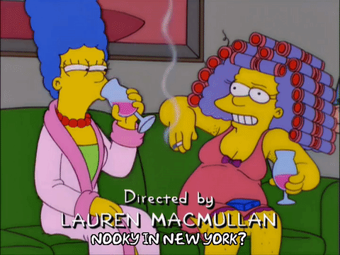 happy,marge simpson,episode 10,excited,season 13,couch,selma bouvier,pleased,13x10
