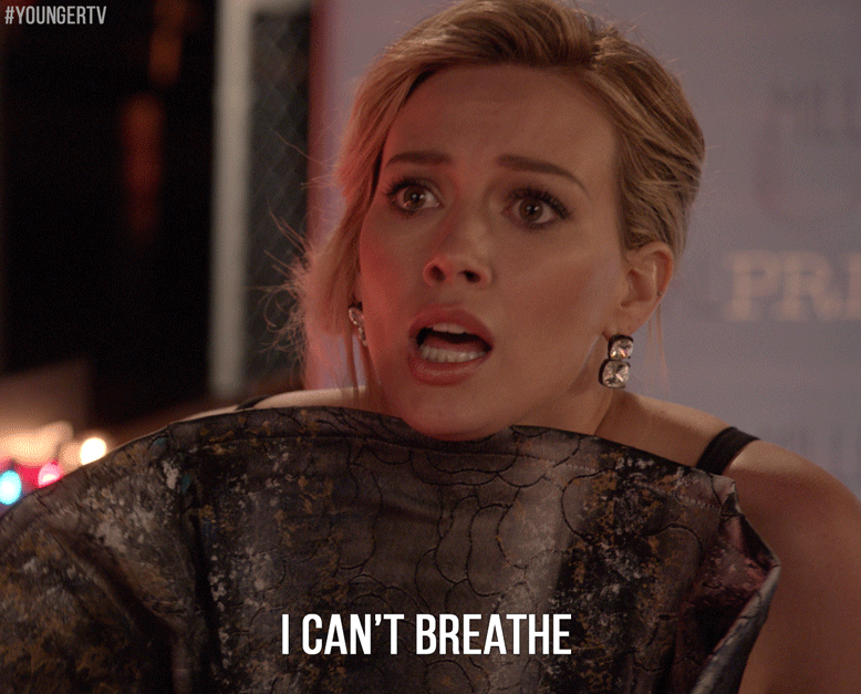 breathe,panic,worry,younger,youngertv,hilary duff,tv land,nervous,party,hot