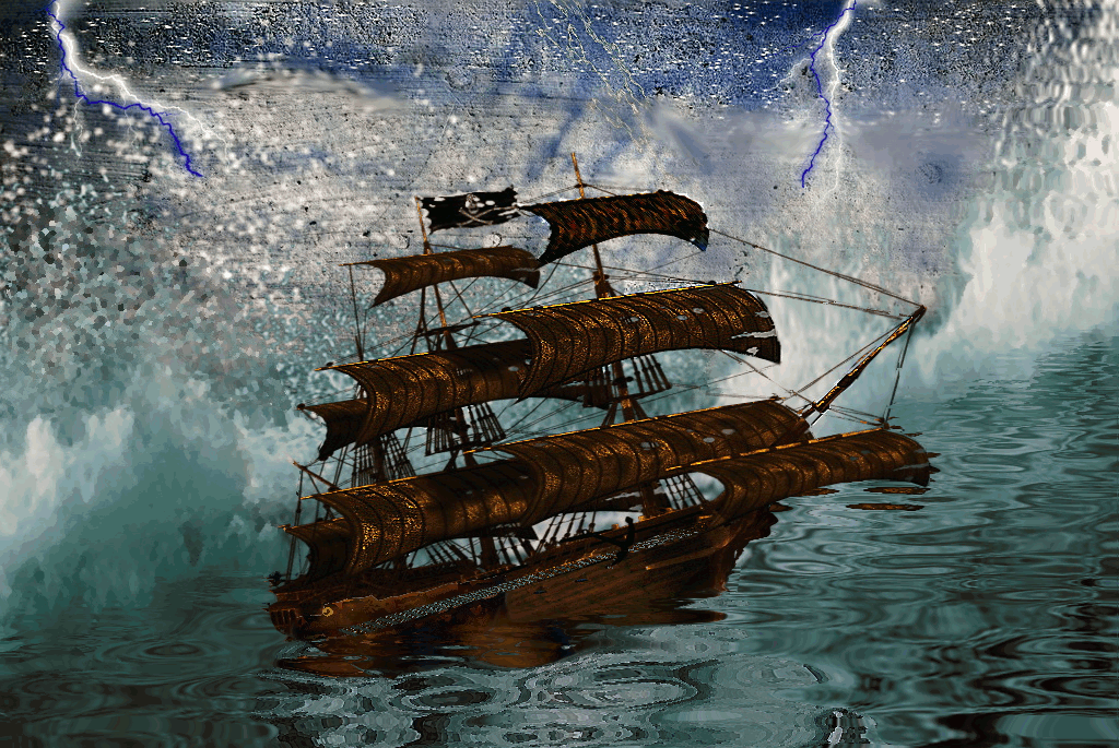 Корабль. Пиратский корабль. Корабль на волнах. Корабль в шторм. Фрегат вода