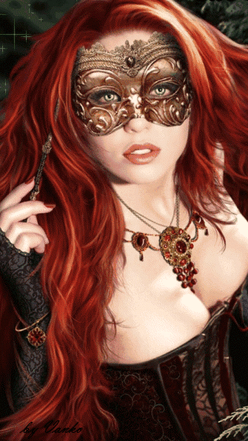 Девушка в маске с рыжими волосами