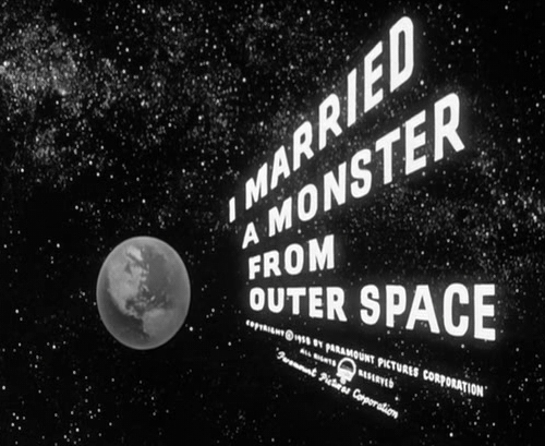 marriage,film,design,horror,halloween,type,science fiction,cult movie,classic horror,1950s horror,film titles,i married a monster from outer space,bw