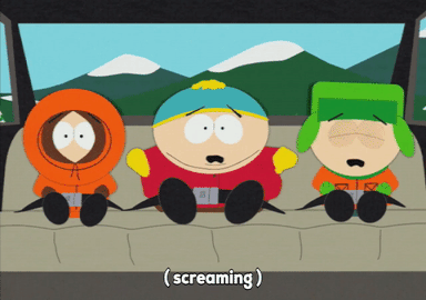 screaming,eric cartman,kyle broflovski,scared,kenny mccormick,accident,riding a a car