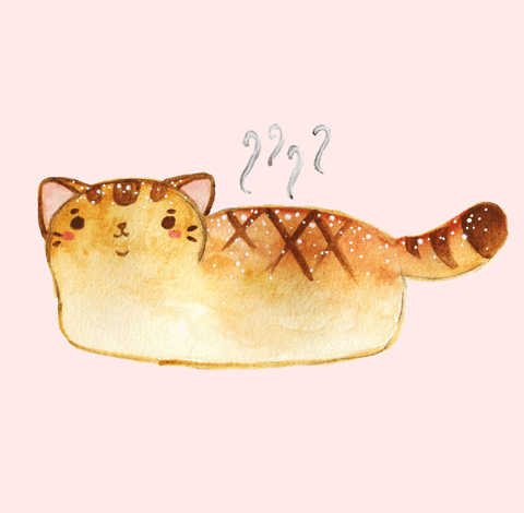 neko,catloaf,funny,cat,cute,kawaii,bread,yawn,watercolour,jessthechen,catbread