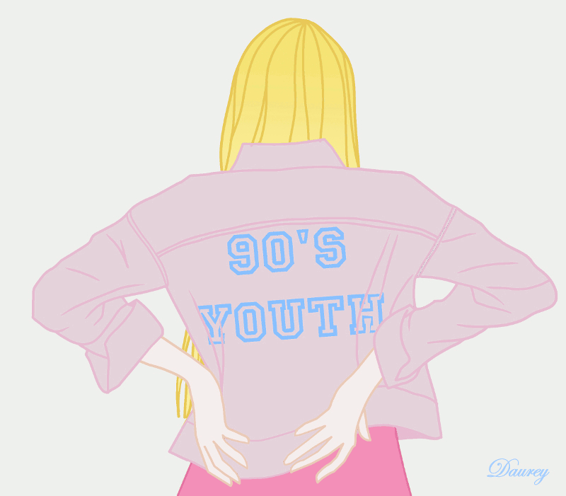 design,jacket,girl,drawing,art,90s,retro,artist,pink,blonde,young,pastel,youth,daurey