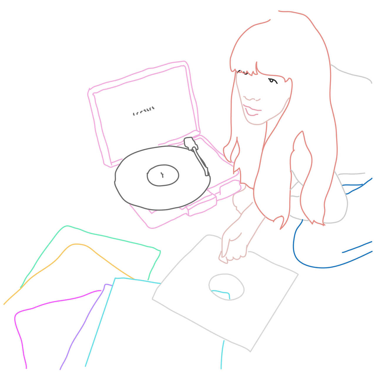 dj,vinyl,music,record spinning,art,vintage,illustration,style,drawing,colors,spin,records,record player,line drawing,emma darvick