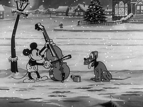 cello,winter,pluto,poor,snowing,hobo,vintage,black and white,cartoon,mickey mouse