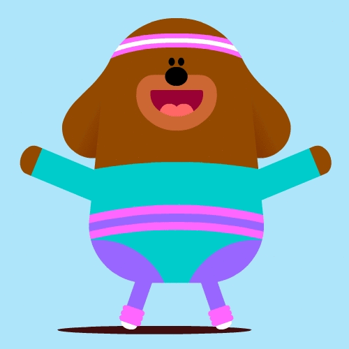 celebrate,duggee,exercise,stretch,hey duggee,excited,hi,star jumps,gym,dance,happy,dog,laughing