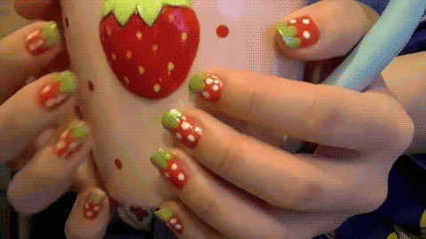 kawaii,cup,strawberry,nail art,deco nails,stawberry mug,strawberry nails