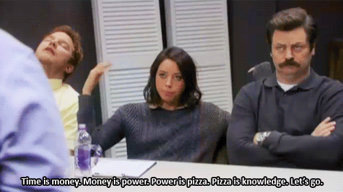 parks and recreation,pizza,bored,ron swanson,april ludgate,hurry
