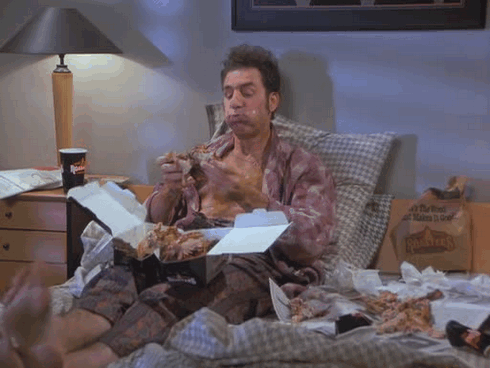 seinfeld,lazy,michael richards,eating in bed,midnight snack