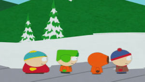 eric cartman,stan marsh,snow,kyle broflovski,kenny mccormick,walking,road,moving,questions