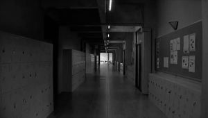 creepy,sad,dark,hallway,black and white,school