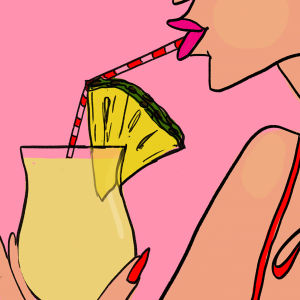 cocktail,fiesta,pineapple,drinking,pina colada,straw,relax,music,red,illustration,sun,weekend,woman,art,fun,dance,party,summer,pink,drink,song,chill,fruit,doodle,escape,tan,denyse mitterhofer,sipping