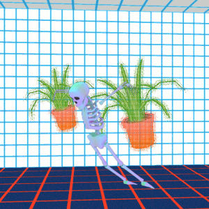 skeleton,hallway,plants,ghost,grid