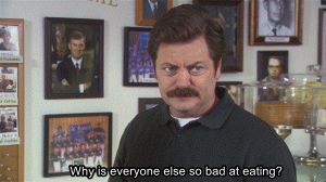reactiongifs,parks and recreation,eating,ron swanson,everyone,dinner
