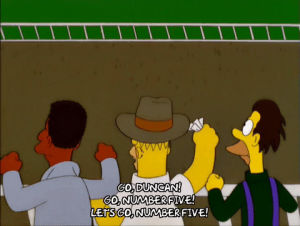 homer simpson,episode 13,excited,season 11,lenny leonard,carl carlson,cheering,11x13,moving arms,watching race