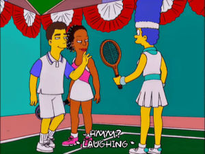 homer simpson,marge simpson,episode 12,laughing,tennis,season 12,12x12,yoink,racket