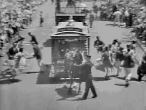 50s,1959,vintage disneyland,disney,dancing,vintage,1950s,disneyland,parade,vintage disney,kodak presents disneyland 59,main street usa