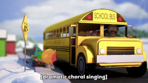 school bus,eric cartman,stan marsh,kyle broflovski,kenny mccormick,walking,road,skyy