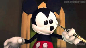 mickey mouse,epic mickey,art,disney,artist,thinking,think,hm,paintbrush,paint brush,this game is so fucking hard