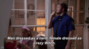 halloween,season 5,parks and recreation,episode 5,parks and rec,chris pratt,andy dwyer,man dressed as a nerd female dressed as crazy witch