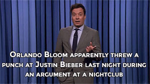 justin bieber,fight,jimmy fallon,celebrity,punch,hit,high five,famous,late show,orlando bloom,qzafrica
