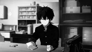hyoka,black and white,coffee,asian,anime boy,japan,anime,cartoon,boy,japanese,study