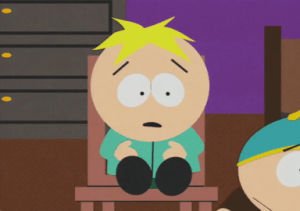 eric cartman,scared,butters stotch,sitting,thinking