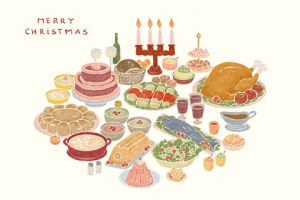 feast,merry christmas,food,happy holidays,candles,thoka maer,thokamaer,colored pencil,illustration