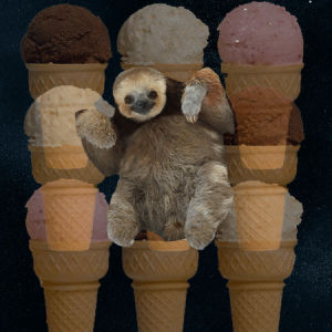 sloth,space,chocolate,ice cream,yummy,strawberry,cone,vanilla,sloth in space