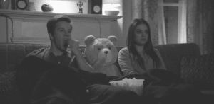 mila kunis,teddy bear,movie,black and white,black,scared,white,ted,popcorn,teddy,mila,kunis