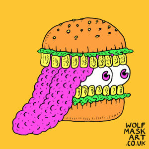 awkward,food,illustration,cartoon,wtf,burger,mcdonalds,hamburger,sneaky,burger king,junk,junk food,ehh,shifty eyes,ignore me,wolfmask,wolfmaskart,wolf mask,wolf mask art,five guys