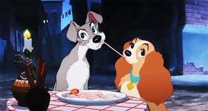 valentines day,lady and the tramp,dream,kiss couple love,spaghetti,cute couple,love,movies,dog,disney,kiss,couple,laugh,kissing,noodles,noodle