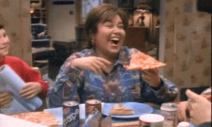 tv,pizza,laughing,eating,roseanne