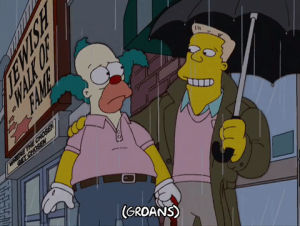 season 15,crying,episode 6,upset,krusty the clown,raining,15x06,comforting,face in hands,holding umbrella