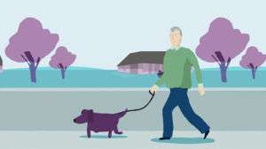 dog walking,2d animation,loosekeys,dog walk,2d,dog,man,walking,street,walk,purple,days,old man,cute dog,daytime,street walking