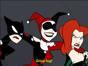 group hug,harley quinn,catwoman,poison ivy