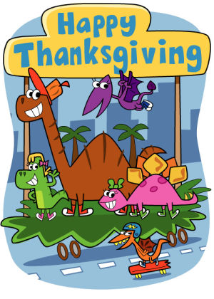 happythanksgiving,dinosaur,fredbot,joey ahlbum,lucythedinosaur,animation,cartoon,family,holiday,thanksgiving,parade