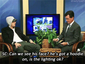 eminem,interview,stephen colbert,lmao,eminem s,you all need to watch it,ill some more later i gotta go,this interview is just hilarious