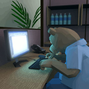 bear,computer,slow typing,computing,cubicle,office,desk,slow,hunt and peck,type slow