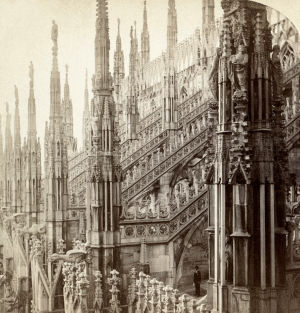 church,milan,italy,gargoyles,stereogram,gothic,flying buttresses,spires,architecture,duomo di milano,vintage,catholic,cathedral,italian,italia,gotico,architectural photography,3d,travel,wigglegram,vintage3d