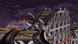 eric cartman,fire,jumping,roller coaster