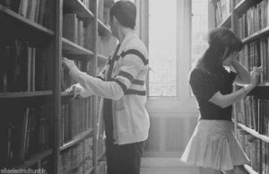 black and white,books,library,love,vintage,kiss,kissing,couples