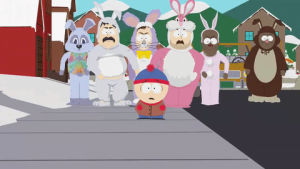 stan marsh,scared,mad,chase after,bunny costumes