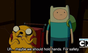 adventure time,jake the dog,scared,finn the human,hold hands